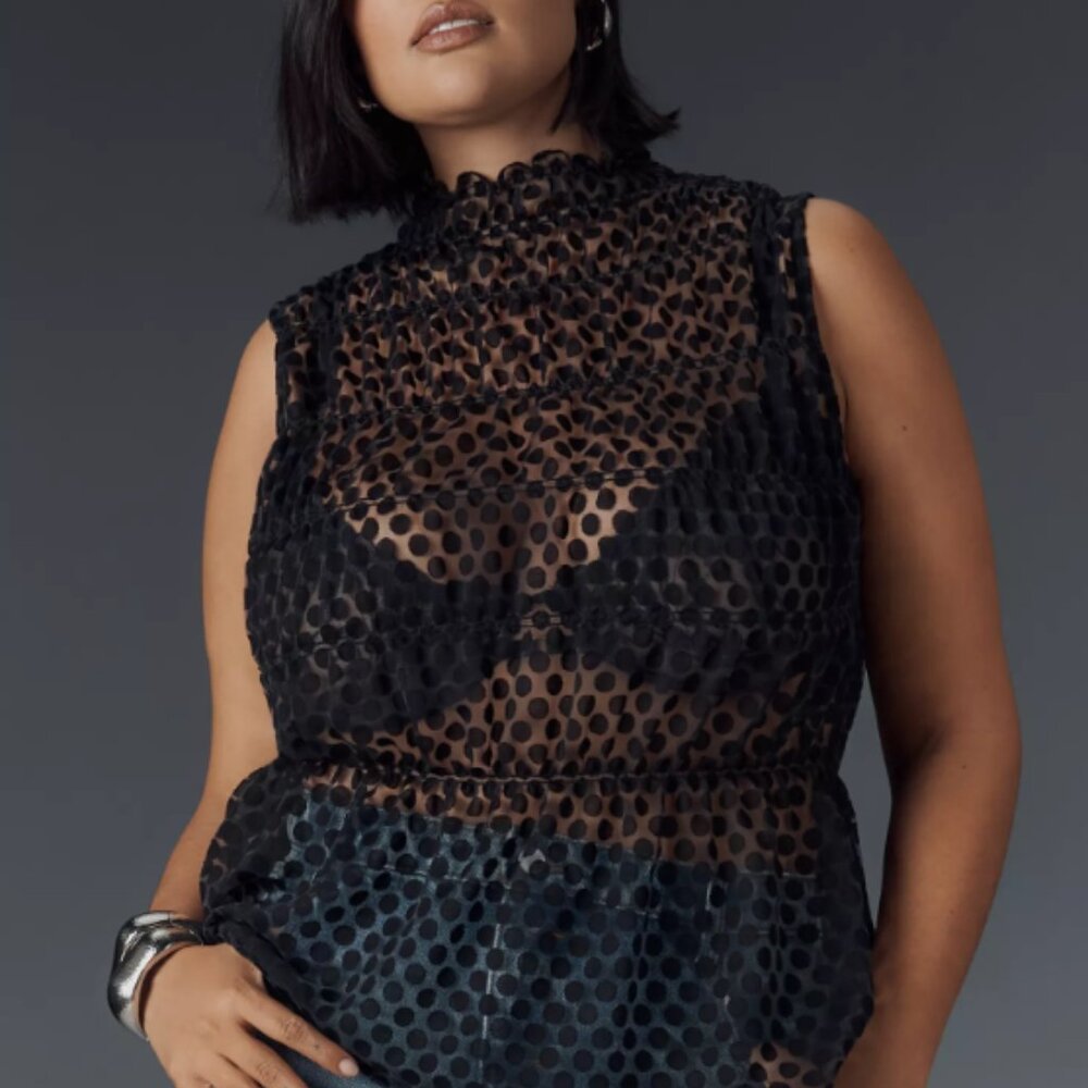 Sheer Black Polka Dot Sleeveless Mock Neck Top